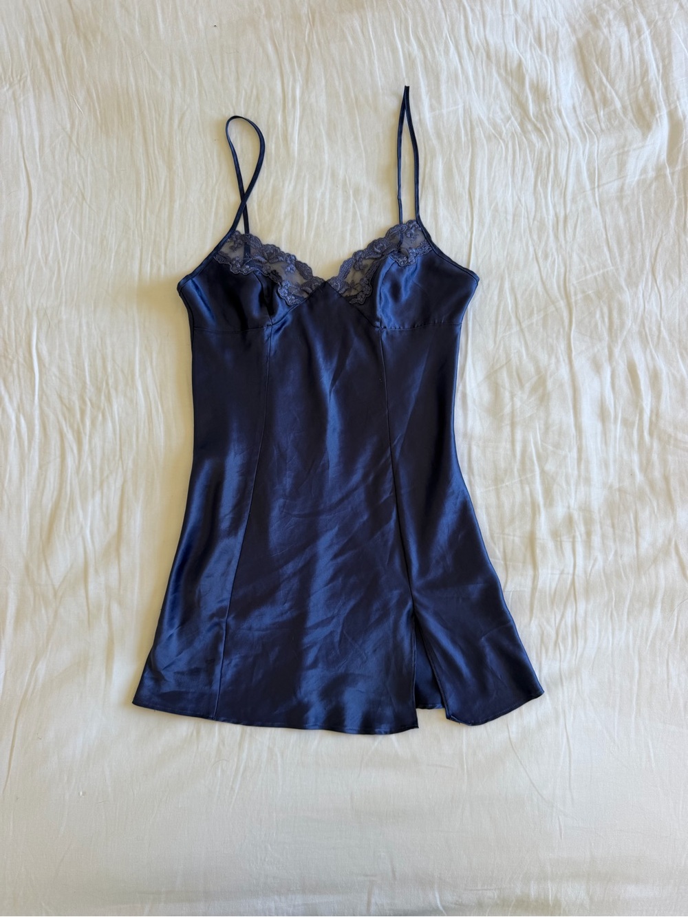 Vintage Y2K Victoria's Secret Navy Satin Lace-Trim Slip